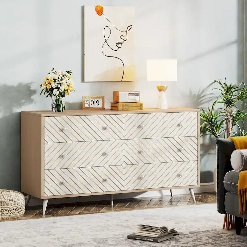 Commode à 6 tiroirs avec pieds en métal pour chambre à coucher, salon, entrée