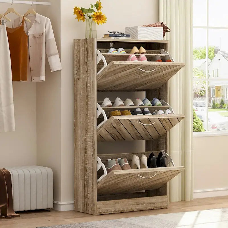Meuble à chaussures autoportant avec 3 tiroirs basculants et compartiment de rangement supérieur