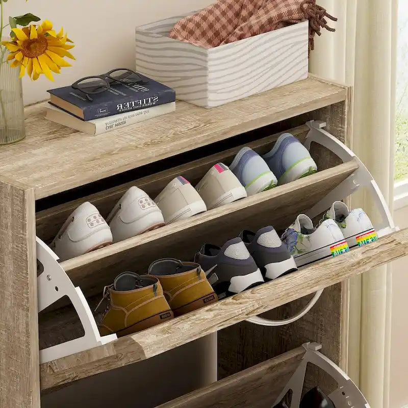 Meuble à chaussures autoportant avec 3 tiroirs basculants et compartiment de rangement supérieur