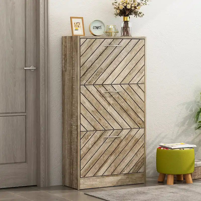 Meuble à chaussures autoportant avec 3 tiroirs basculants et compartiment de rangement supérieur