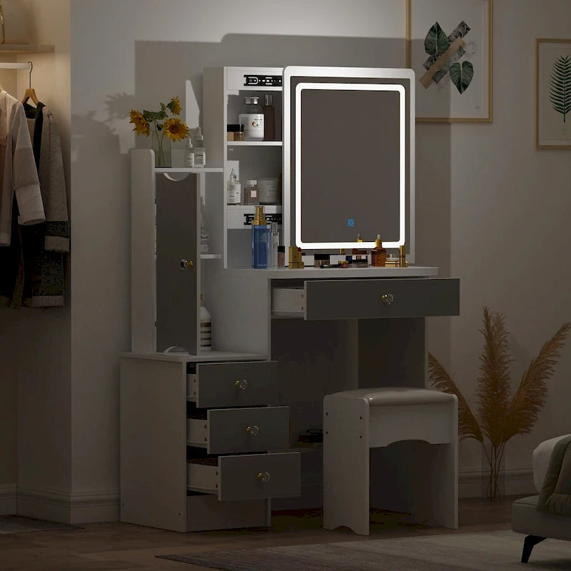 Coiffeuse de Maquillage 4 Tiroirs avec Miroir Lumineux LED