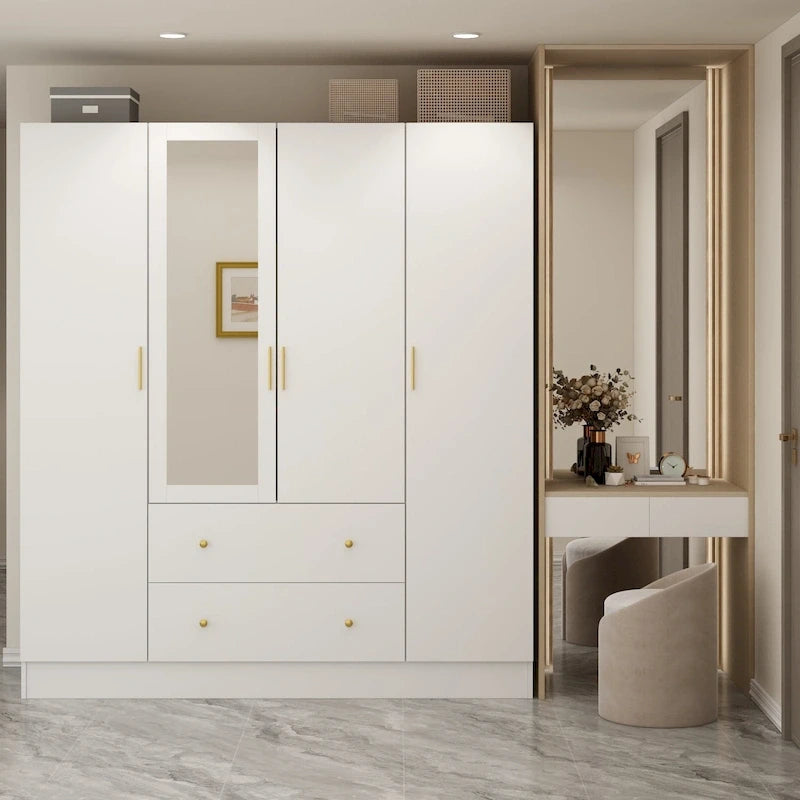 Armoire penderie en bois avec miroir pleine longueur, 4 portes et 2 tiroirs