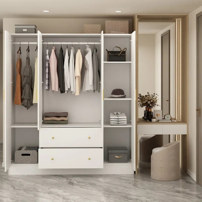Armoire penderie en bois avec miroir pleine longueur, 4 portes et 2 tiroirs