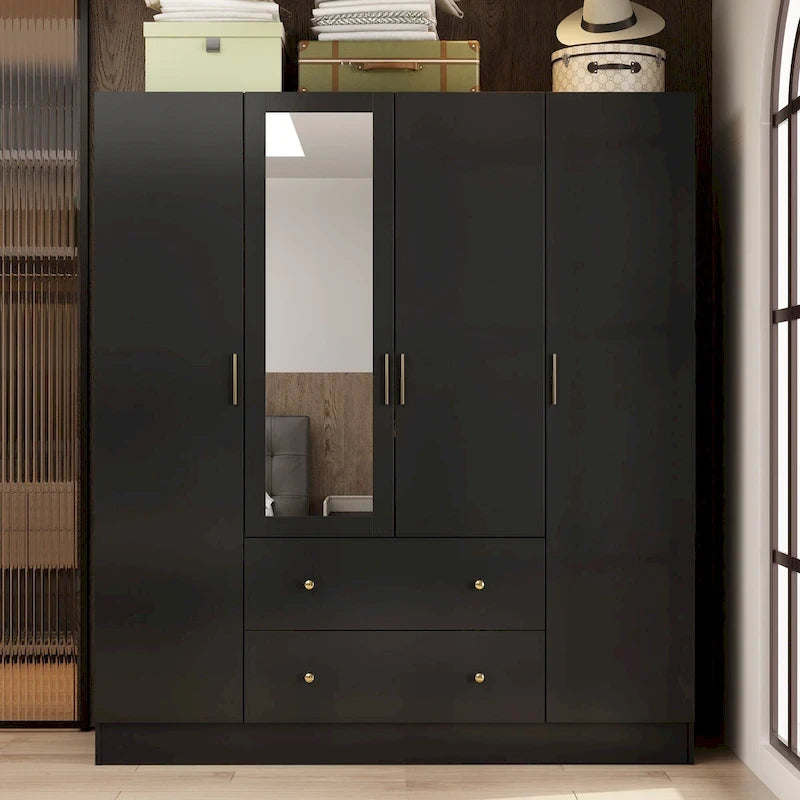 Armoire penderie en bois avec miroir pleine longueur, 4 portes et 2 tiroirs