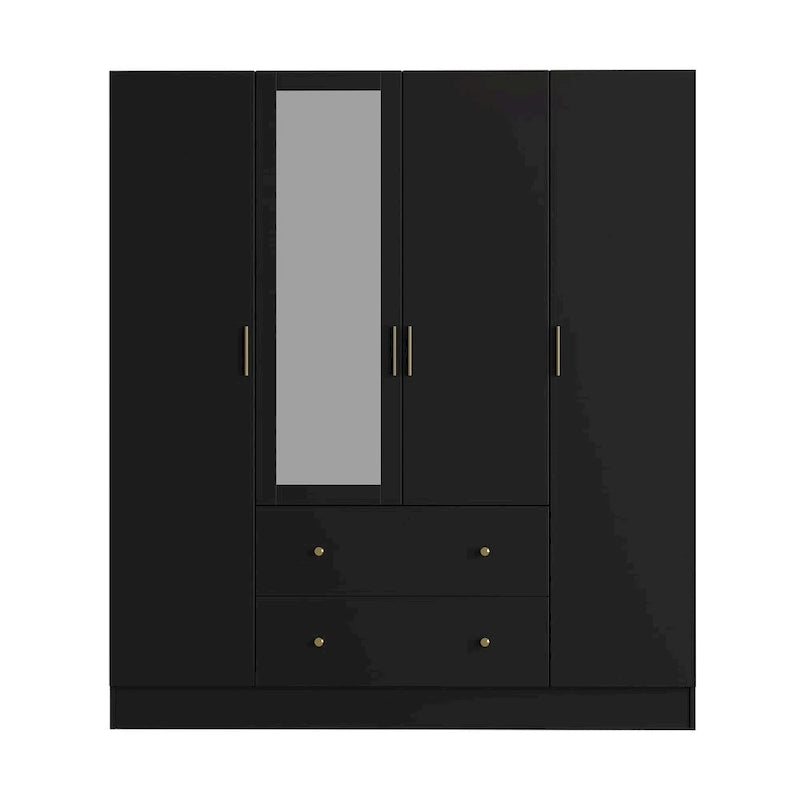 Armoire penderie en bois avec miroir pleine longueur, 4 portes et 2 tiroirs