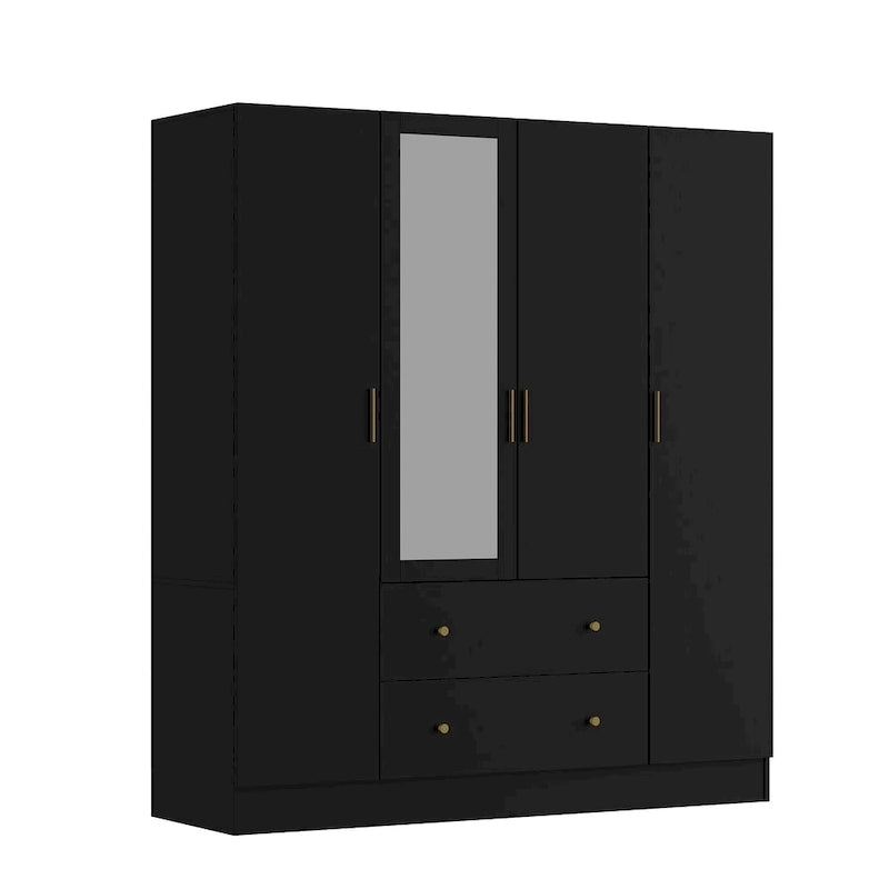 Armoire penderie en bois avec miroir pleine longueur, 4 portes et 2 tiroirs