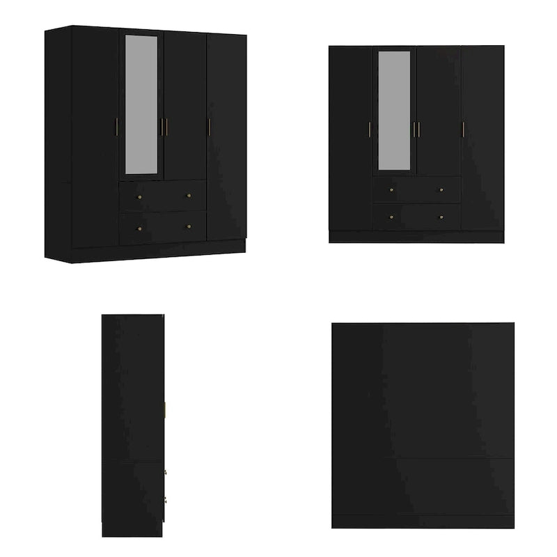 Armoire penderie en bois avec miroir pleine longueur, 4 portes et 2 tiroirs