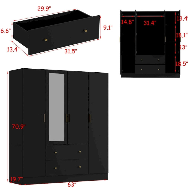 Armoire penderie en bois avec miroir pleine longueur, 4 portes et 2 tiroirs