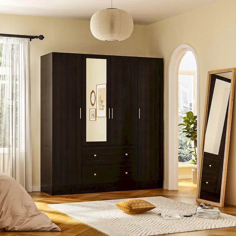 Armoire penderie en bois avec miroir pleine longueur, 4 portes et 2 tiroirs