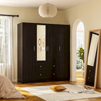 Armoire penderie en bois avec miroir pleine longueur, 4 portes et 2 tiroirs