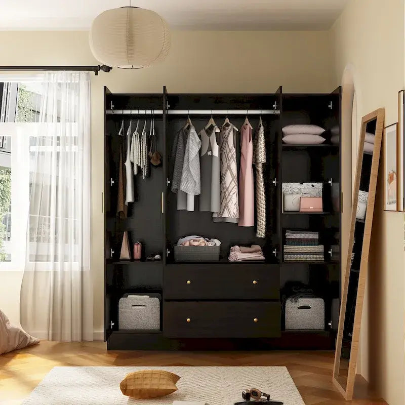 Armoire penderie en bois avec miroir pleine longueur, 4 portes et 2 tiroirs