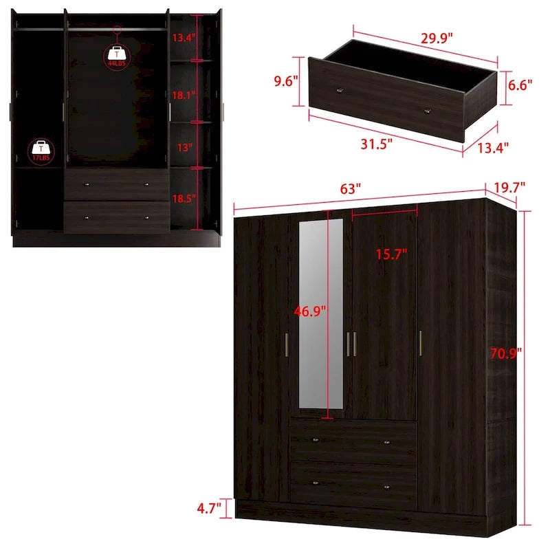 Armoire penderie en bois avec miroir pleine longueur, 4 portes et 2 tiroirs