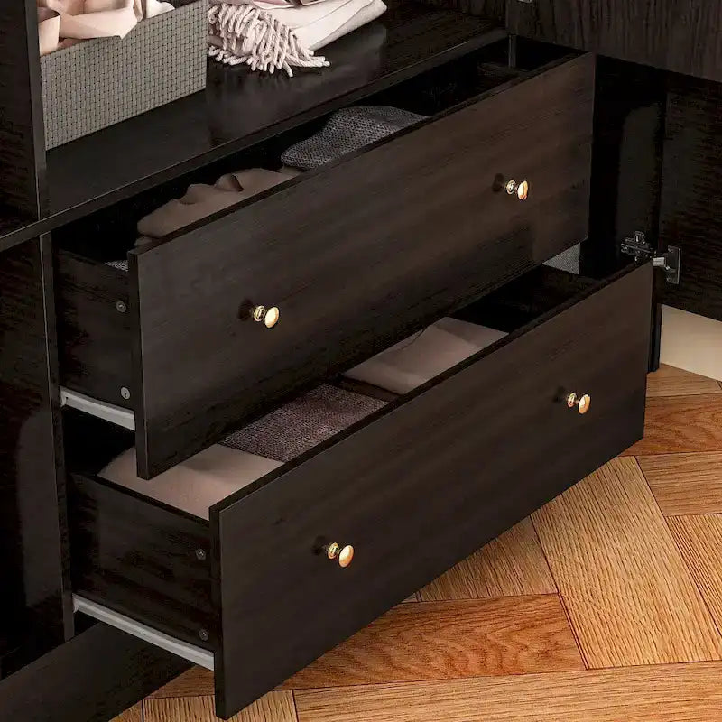 Armoire penderie en bois avec miroir pleine longueur, 4 portes et 2 tiroirs