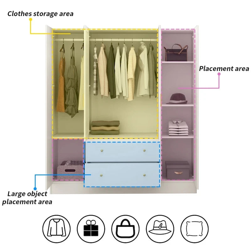 Armoire penderie en bois avec miroir pleine longueur, 4 portes et 2 tiroirs