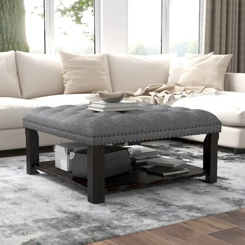 Pouf de salon capitonné en lin transitionnel avec rangement et clous décoratifs