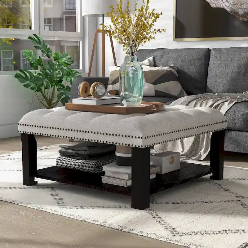 Pouf de salon capitonné en lin transitionnel avec rangement et clous décoratifs