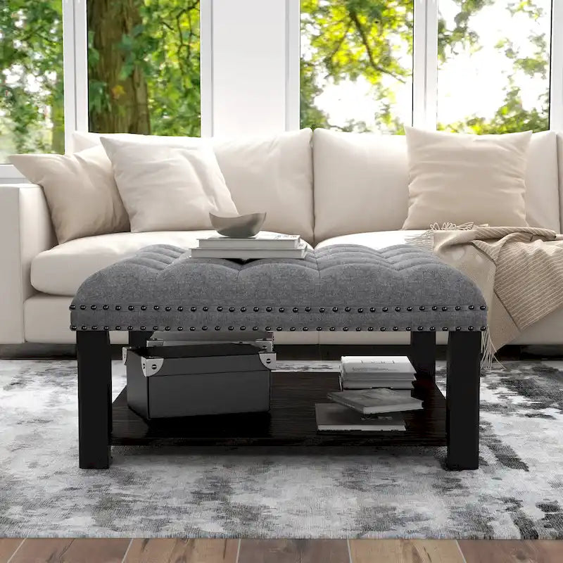 Pouf de salon capitonné en lin transitionnel avec rangement et clous décoratifs
