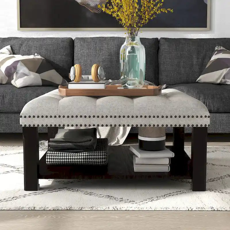 Pouf de salon capitonné en lin transitionnel avec rangement et clous décoratifs