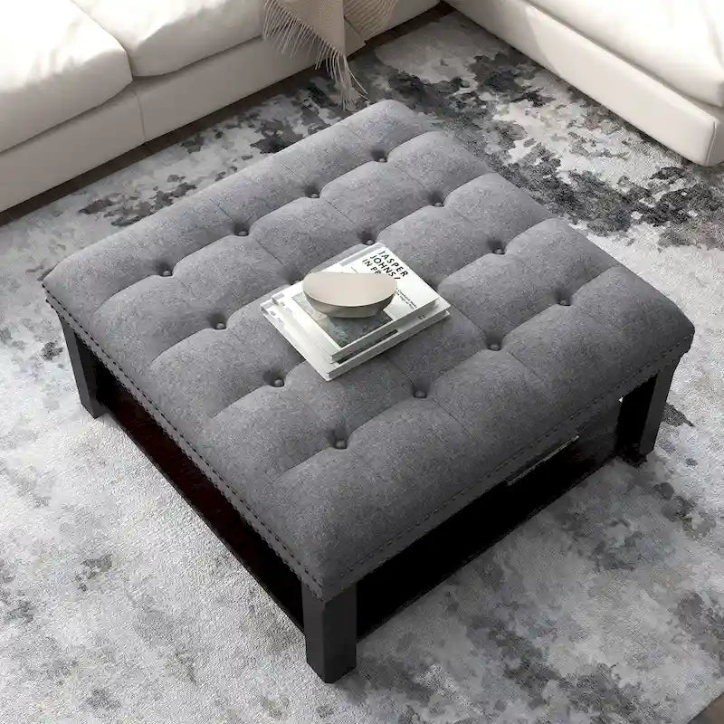 Pouf de salon capitonné en lin transitionnel avec rangement et clous décoratifs