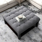 Pouf de salon capitonné en lin transitionnel avec rangement et clous décoratifs