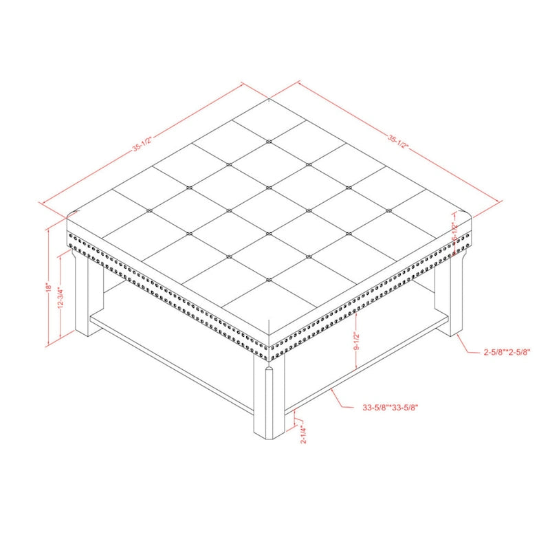 Pouf de salon capitonné en lin transitionnel avec rangement et clous décoratifs