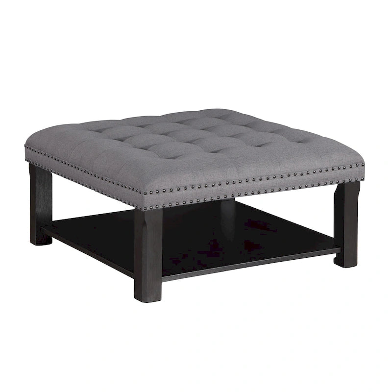 Pouf de salon capitonné en lin transitionnel avec rangement et clous décoratifs