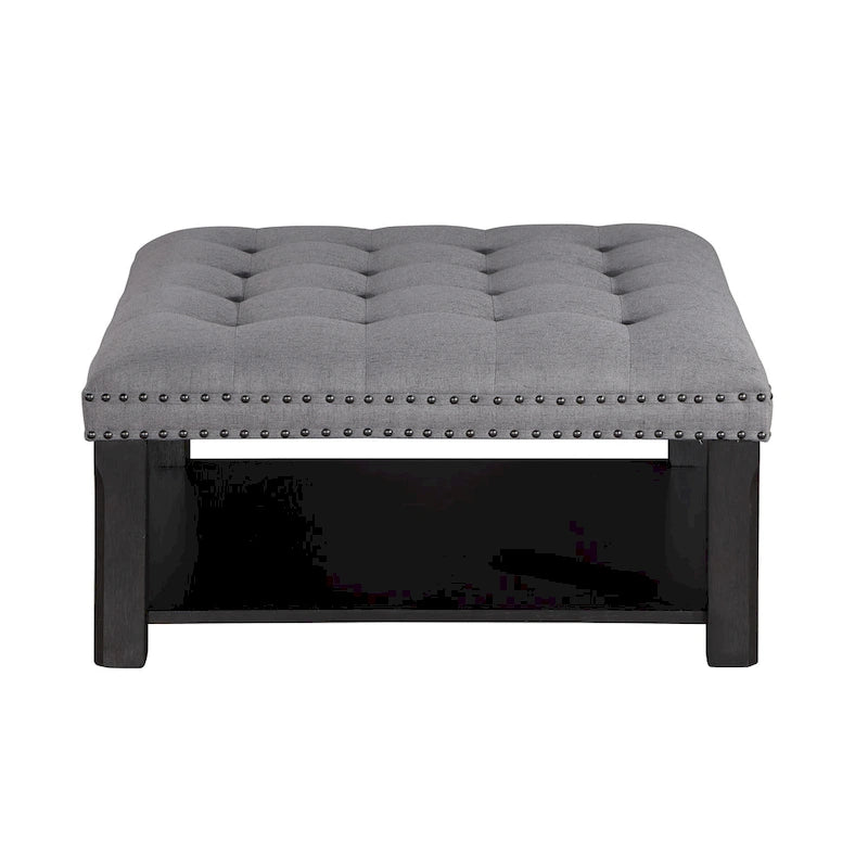 Pouf de salon capitonné en lin transitionnel avec rangement et clous décoratifs