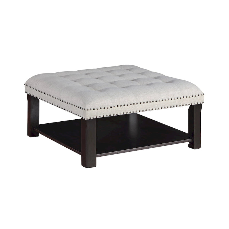 Pouf de salon capitonné en lin transitionnel avec rangement et clous décoratifs