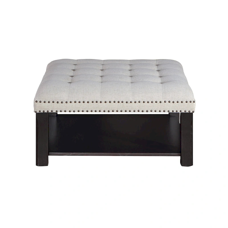Pouf de salon capitonné en lin transitionnel avec rangement et clous décoratifs