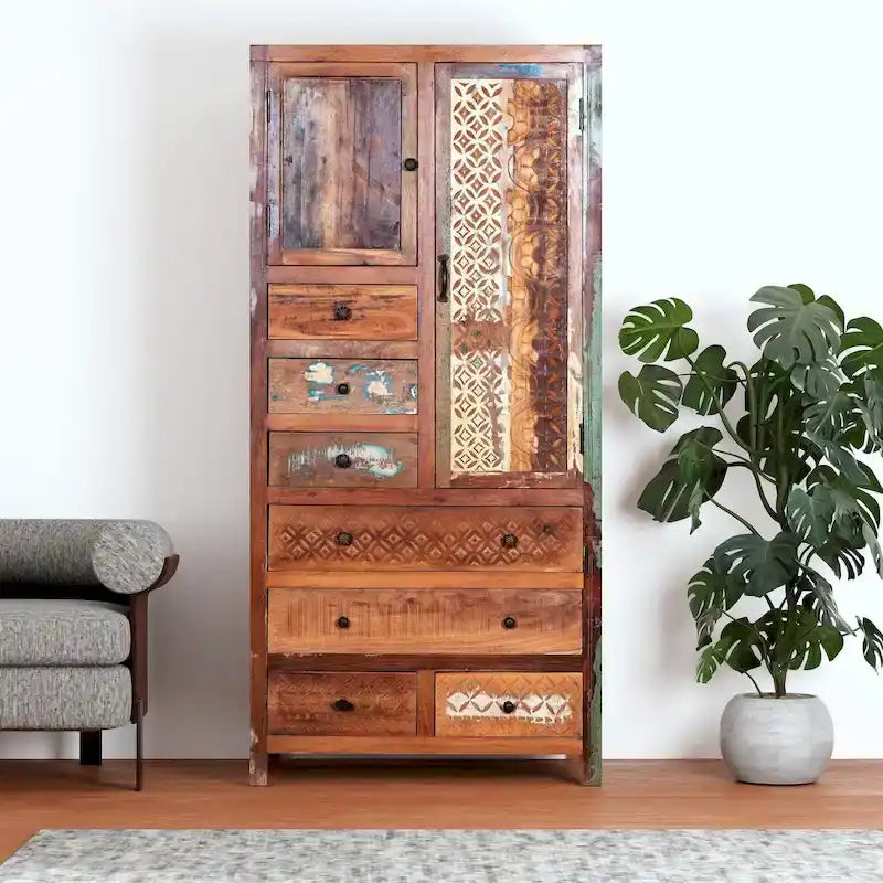 Armoire autoportante en bois massif fabriquée à la main avec 7 tiroirs et 2 portes