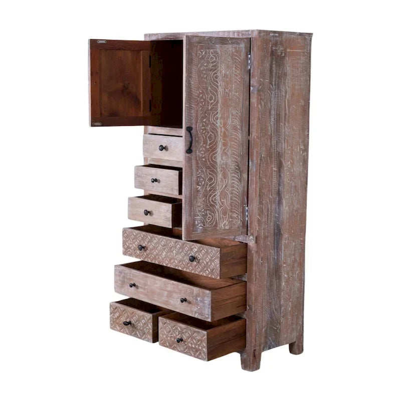 Armoire autoportante en bois massif fabriquée à la main avec 7 tiroirs et 2 portes