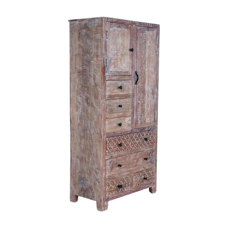 Armoire autoportante en bois massif fabriquée à la main avec 7 tiroirs et 2 portes