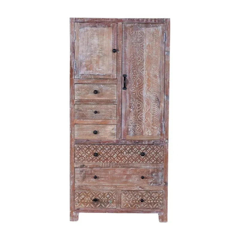 Armoire autoportante en bois massif fabriquée à la main avec 7 tiroirs et 2 portes