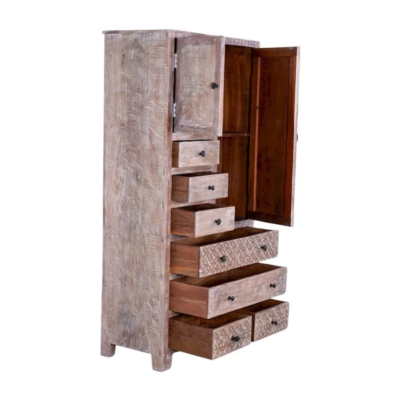 Armoire autoportante en bois massif fabriquée à la main avec 7 tiroirs et 2 portes