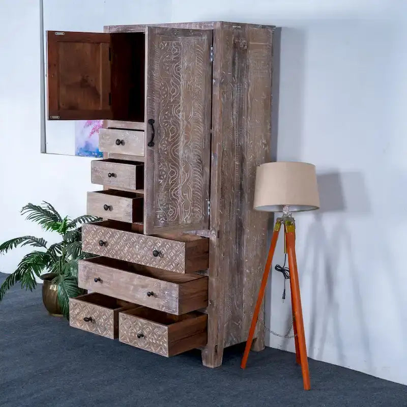 Armoire autoportante en bois massif fabriquée à la main avec 7 tiroirs et 2 portes