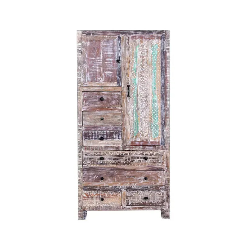 Armoire autoportante en bois massif fabriquée à la main avec 7 tiroirs et 2 portes