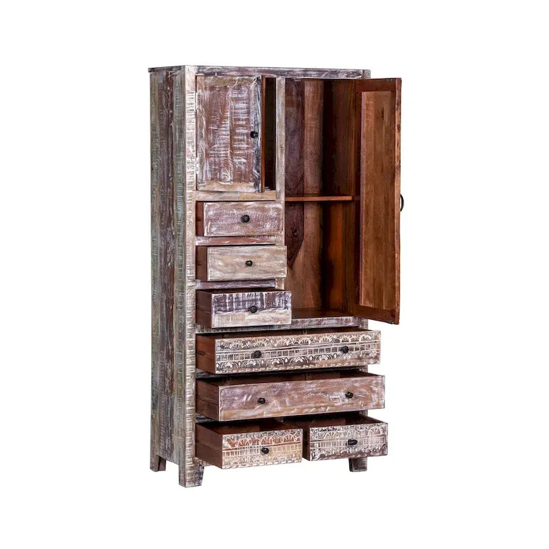 Armoire autoportante en bois massif fabriquée à la main avec 7 tiroirs et 2 portes