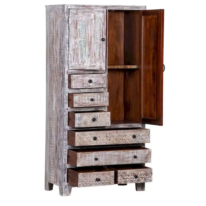 Armoire autoportante en bois massif fabriquée à la main avec 7 tiroirs et 2 portes