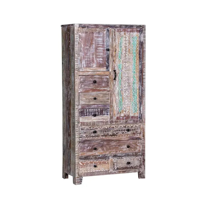 Armoire autoportante en bois massif fabriquée à la main avec 7 tiroirs et 2 portes