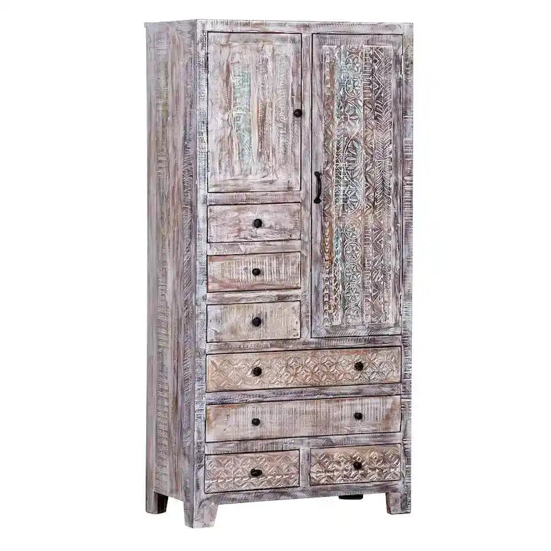 Armoire autoportante en bois massif fabriquée à la main avec 7 tiroirs et 2 portes