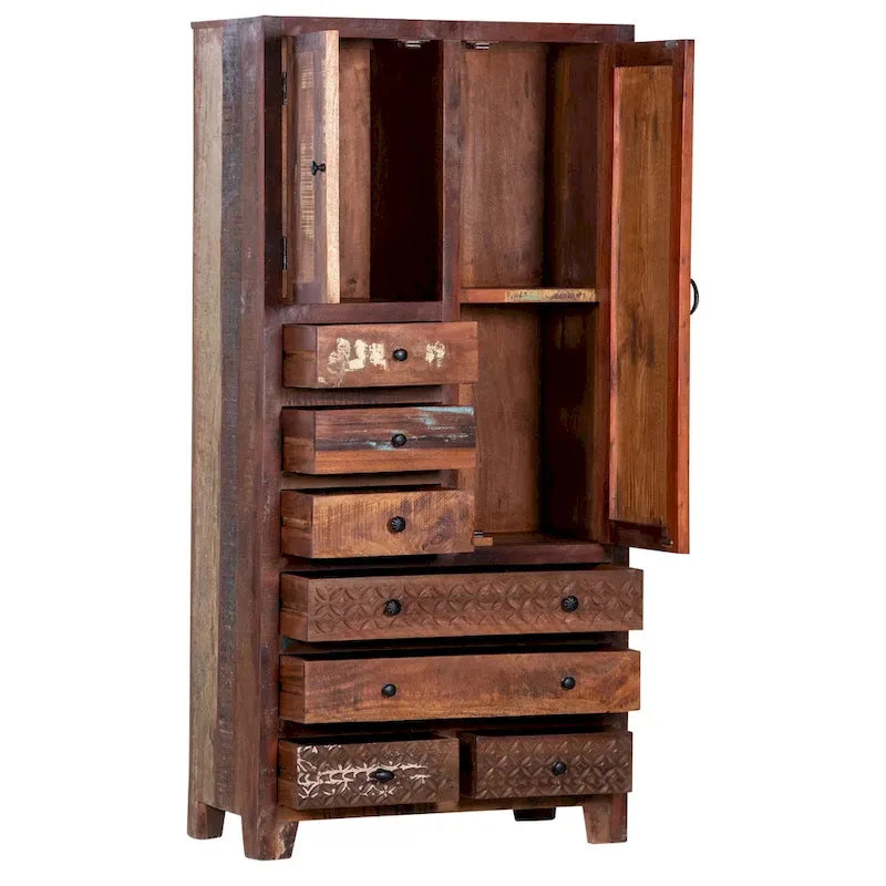 Armoire autoportante en bois massif fabriquée à la main avec 7 tiroirs et 2 portes