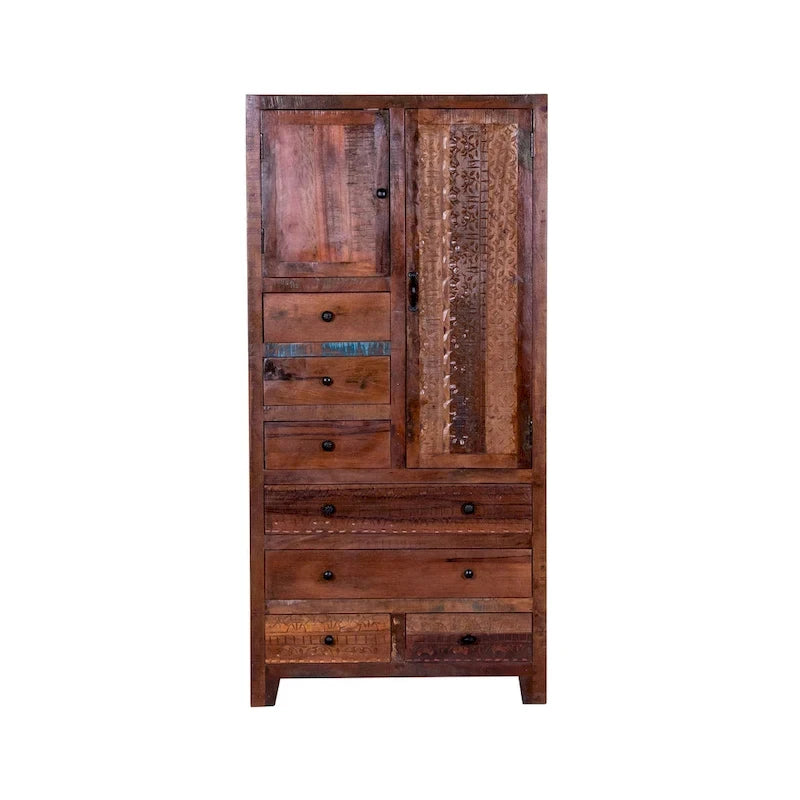 Armoire autoportante en bois massif fabriquée à la main avec 7 tiroirs et 2 portes