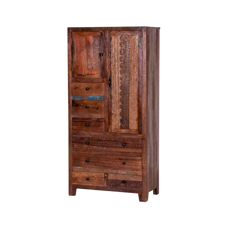 Armoire autoportante en bois massif fabriquée à la main avec 7 tiroirs et 2 portes