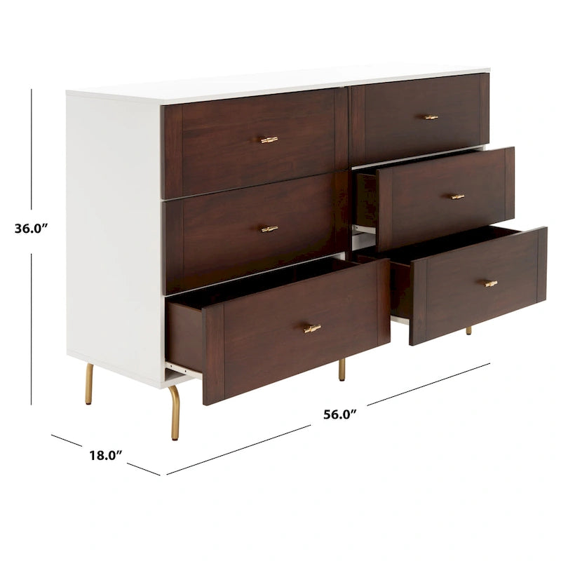 Commode 6 tiroirs, finition noyer et cadre blanc - Style rétro moderne