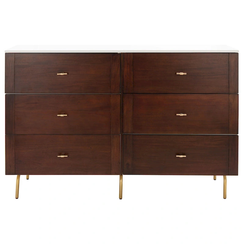 Commode 6 tiroirs, finition noyer et cadre blanc - Style rétro moderne