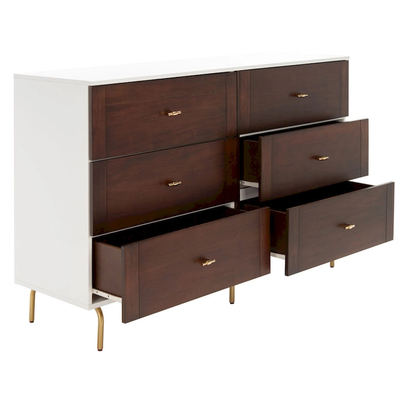 Commode 6 tiroirs, finition noyer et cadre blanc - Style rétro moderne