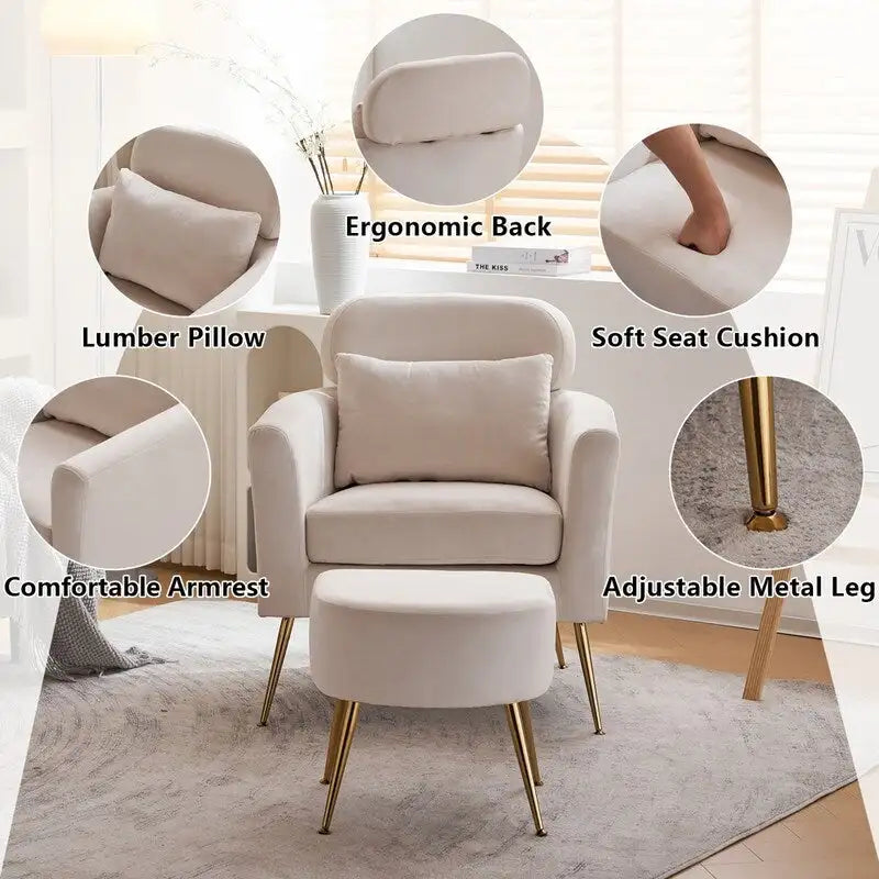 Chaise de loisirs d'intérieur demi-démontée en flanelle, pieds et pédales dorés, couleur beige