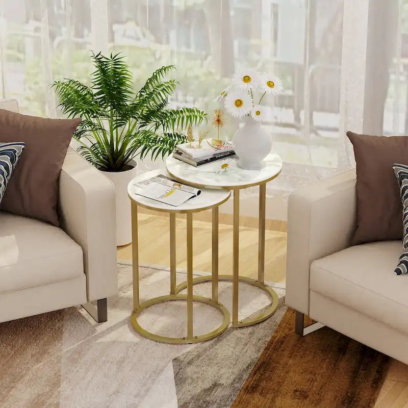 Round Nesting End Table Set Iron and Marble Accent Table - 15.7x21.5 inch & 13.7x19.7 inch