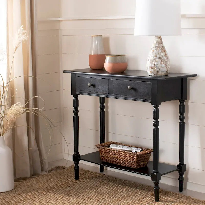 Console 2 tiroirs grise avec étagère inférieure - 37,8 x 13 x 31,9