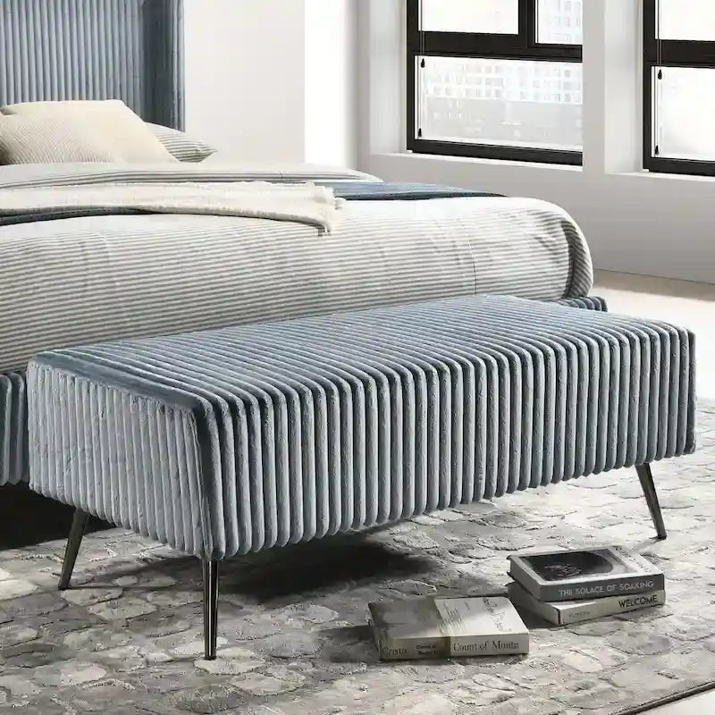 Lit à panneaux rembourré en velours côtelé à larges côtes avec tables de chevet et banc - Bleu